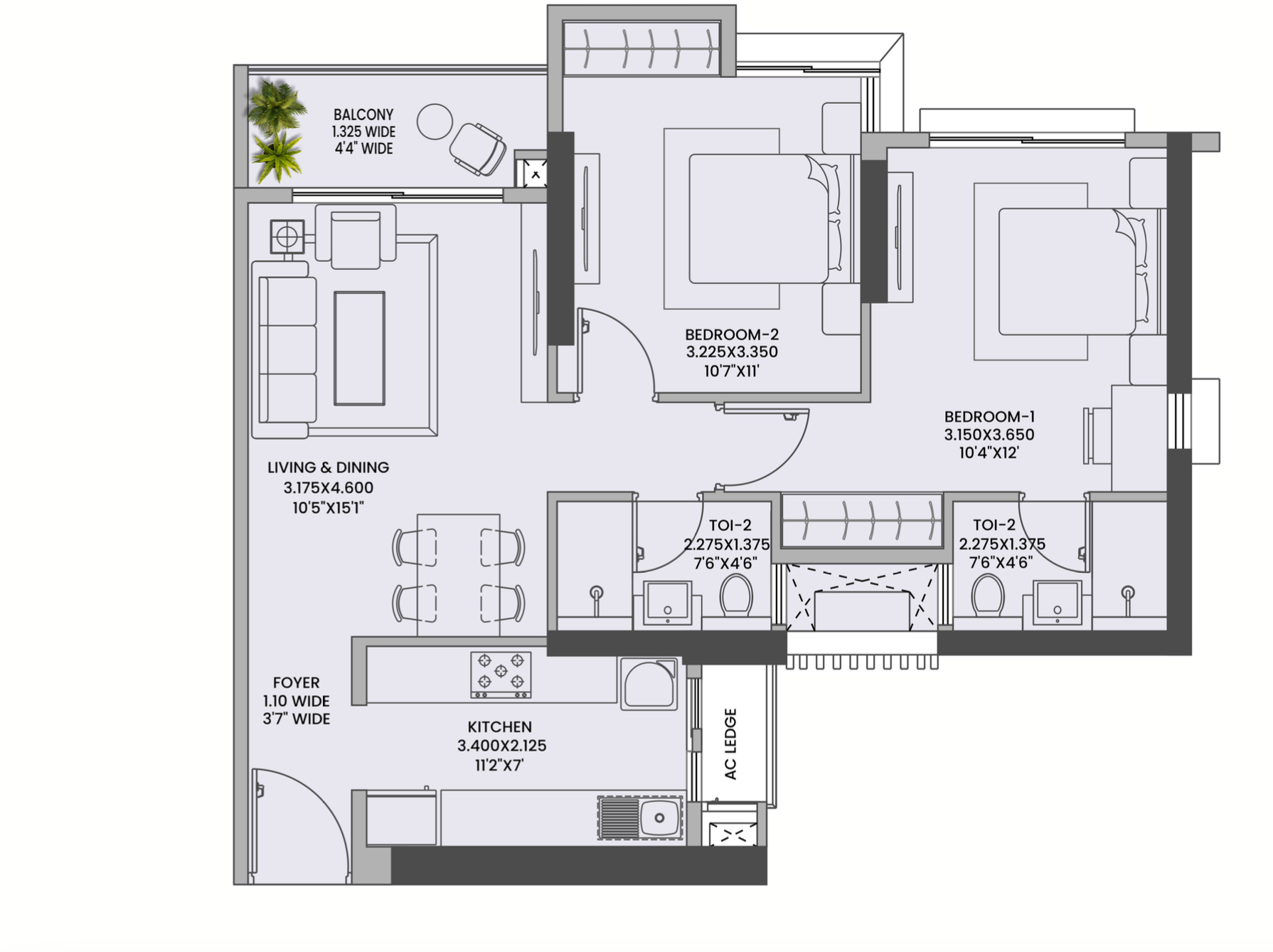 2 BHK floor plan